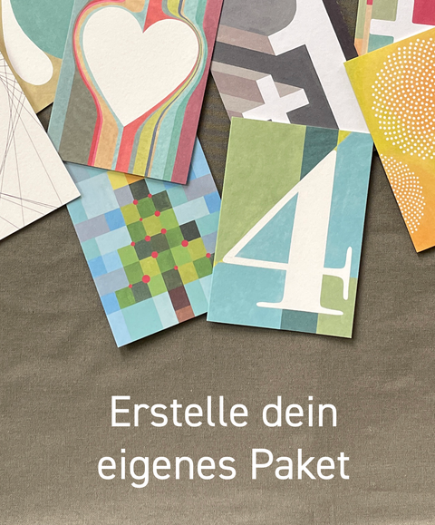 Verschiedene Grußkarten in zufälliger Anordnung – stellen Sie sich Ihr eigenes Paket mit umweltfreundlichen Briefkarten zusammen, gedruckt in Berlin.
