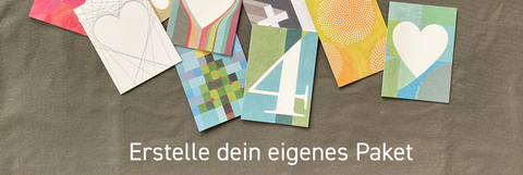 Verschiedene Grußkarten in zufälliger Anordnung – stellen Sie sich Ihr eigenes Paket mit umweltfreundlichen Briefkarten zusammen, gedruckt in Berlin.