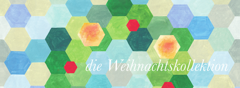 Farbenfrohes geometrisches Sechseckmuster mit dem Text „die Weinachtskollektion“