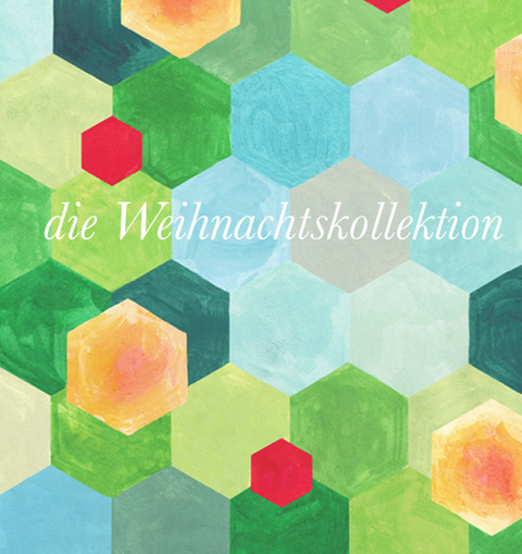 Farbenfrohes geometrisches Sechseckmuster mit dem Text „die Weinachtskollektion“