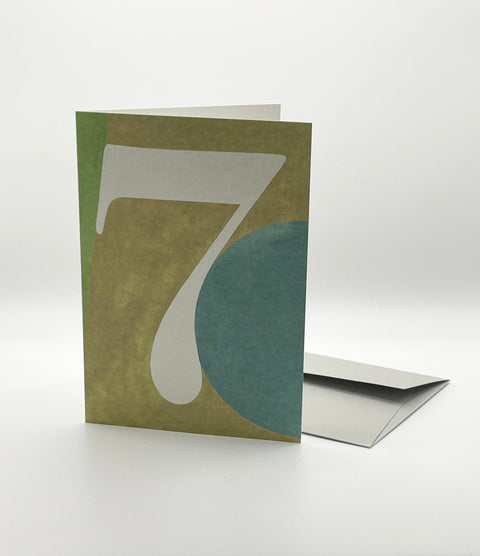Eco-friendly number 7 greeting card, 3/4 angled view, printed in Berlin on recycled paper