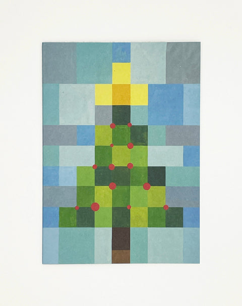 X-mas tree in squares greeting card front view, eco stationery printed climate-neutral on recycled paper