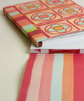 Eco-friendly notebook Stained-glass flowers and stripes design, DIN A5 recycled paper cover, zoom in handbound detai, handmade in Berlin