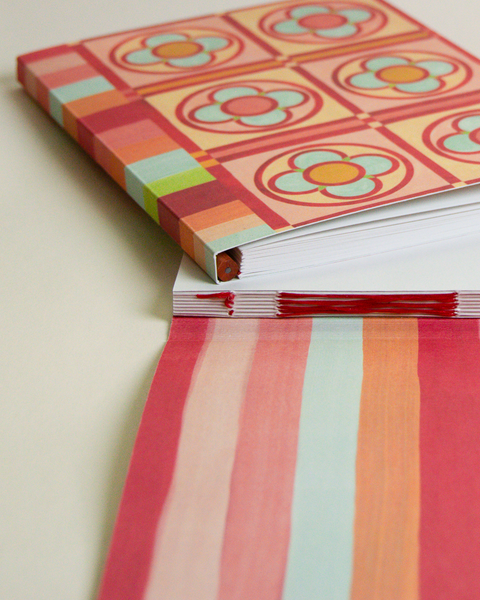 Eco-friendly notebook Stained-glass flowers and stripes design, DIN A5 recycled paper cover, zoom in handbound detai, handmade in Berlin