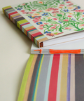 Eco-friendly notebook garden and stripes design, DIN A5 recycled paper cover, zoom in handbound detail, handmade in Berlin