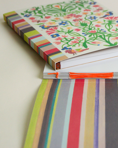 Eco-friendly notebook garden and stripes design, DIN A5 recycled paper cover, zoom in handbound detail, handmade in Berlin