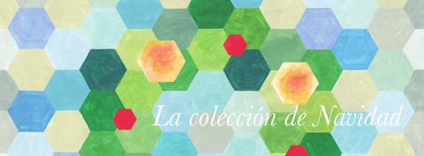 Patrón geométrico hexagonal colorido con el texto «La colección de Navidad».