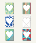 A collection of 6 DIN A6 folding cards with grey envelopes. The cards feature various heart-shaped designs in different colors and patterns.