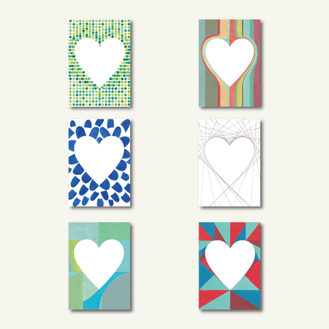 A collection of 6 DIN A6 folding cards with grey envelopes. The cards feature various heart-shaped designs in different colors and patterns.