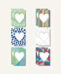 A collection of 12 DIN A6 folding cards with grey envelopes. The cards feature various heart-shaped designs in different colors and patterns.
