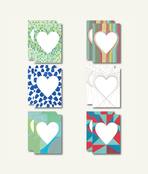A collection of 12 DIN A6 folding cards with grey envelopes. The cards feature various heart-shaped designs in different colors and patterns.