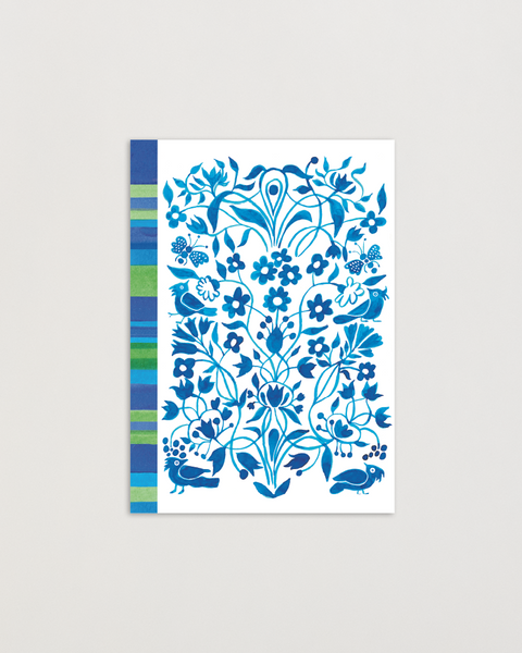 Eco-friendly Circles & Stripes in blue design greeting  card, front view, printed in Berlin on recycled paper.