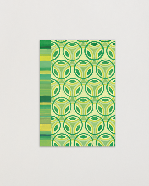 Eco-friendly Circles & Stripes-greens design greeting  card, front view, printed in Berlin on recycled paper.