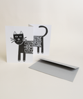 Eco-friendly cat greeting card, angled view, printed in Berlin on recycled paper.