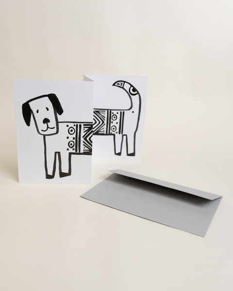 Eco-friendly dog greeting card, angled view, printed in Berlin on recycled paper.