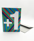 Eco-friendly Happy birthday or whatever you like - Green stripes greeting card, 3/4 angled view, printed in Berlin on recycled paper