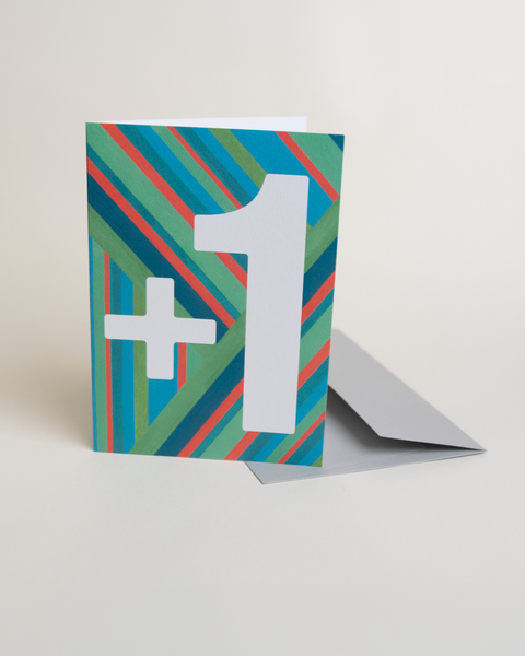 Eco-friendly Happy birthday or whatever you like - Green stripes greeting card, 3/4 angled view, printed in Berlin on recycled paper