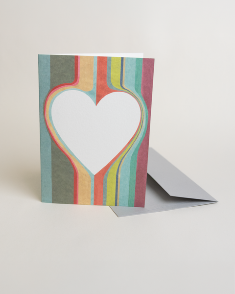 Eco-friendly lovely on stripes greeting card, 3/4 angled view, printed in Berlin on recycled paper