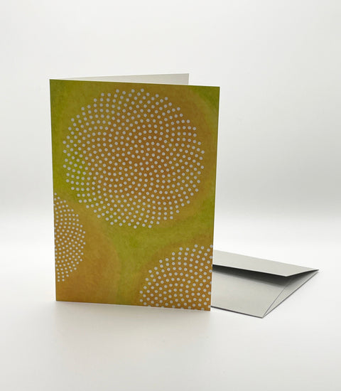 Eco-friendly No Pre-text in yellow greeting card, 3/4 angled view, printed in Berlin on recycled paper
