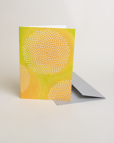 Eco-friendly No Pre-text in yellow greeting card, 3/4 angled view, printed in Berlin on recycled paper