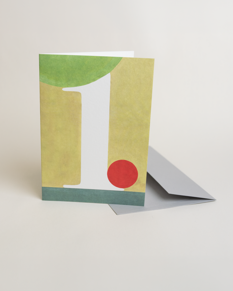 Eco-friendly number 1 greeting card, 3/4 angled view, printed in Berlin on recycled paper