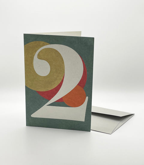 Eco-friendly number 2 greeting card, 3/4 angled view, printed in Berlin on recycled paper