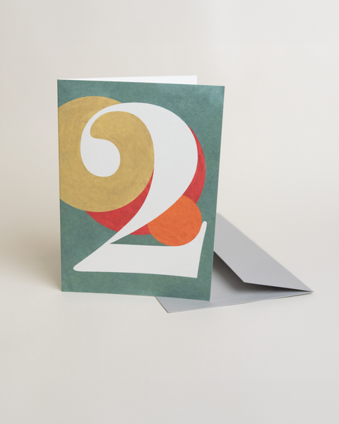Eco-friendly number 2 greeting card, 3/4 angled view, printed in Berlin on recycled paper