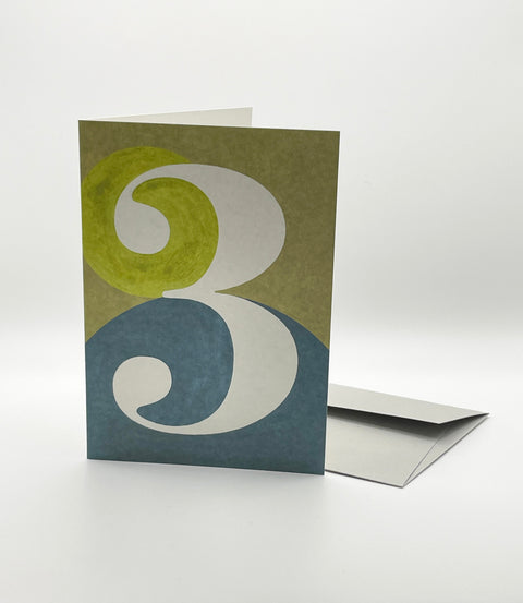 Eco-friendly number 3 greeting card, 3/4 angled view, printed in Berlin on recycled paper