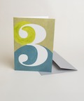 Eco-friendly number 3 greeting card, 3/4 angled view, printed in Berlin on recycled paper