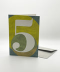 Eco-friendly number 5 greeting card, 3/4 angled view, printed in Berlin on recycled paper