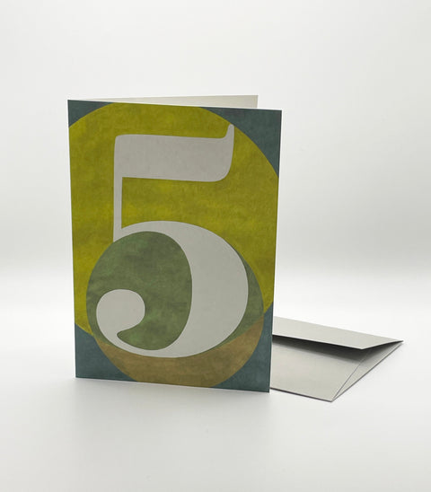 Eco-friendly number 5 greeting card, 3/4 angled view, printed in Berlin on recycled paper