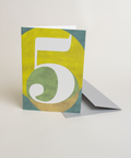 Eco-friendly number 5 greeting card, 3/4 angled view, printed in Berlin on recycled paper