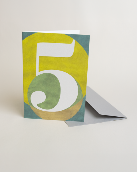 Eco-friendly number 5 greeting card, 3/4 angled view, printed in Berlin on recycled paper