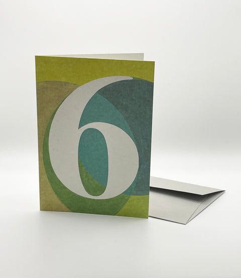 Eco-friendly number 6 greeting card, 3/4 angled view, printed in Berlin on recycled paper