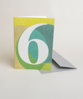 Eco-friendly number 6 greeting card, 3/4 angled view, printed in Berlin on recycled paper