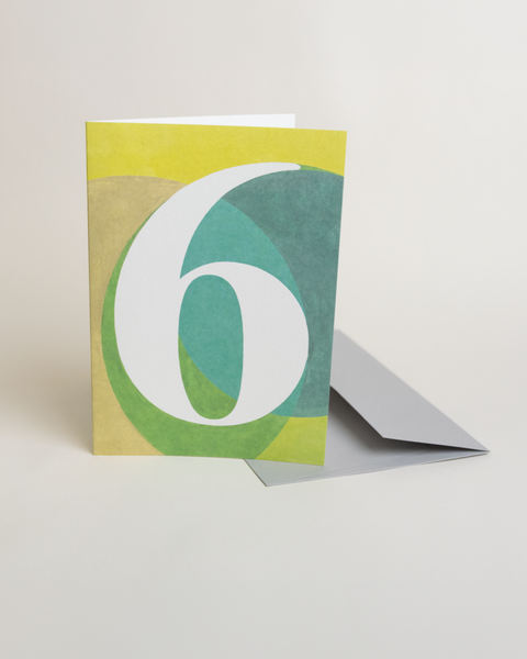Eco-friendly number 6 greeting card, 3/4 angled view, printed in Berlin on recycled paper