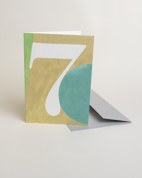 Eco-friendly number 7 greeting card, 3/4 angled view, printed in Berlin on recycled paper