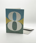 Eco-friendly number 8 greeting card, 3/4 angled view, printed in Berlin on recycled paper