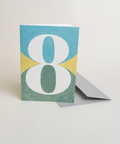 Eco-friendly number 8 greeting card, 3/4 angled view, printed in Berlin on recycled paper