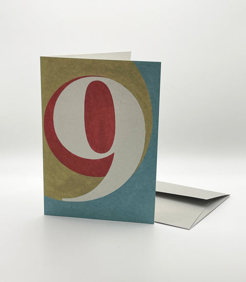 Eco-friendly number 9 greeting card, 3/4 angled view, printed in Berlin on recycled paper