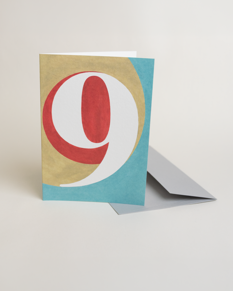 Eco-friendly number 9 greeting card, 3/4 angled view, printed in Berlin on recycled paper