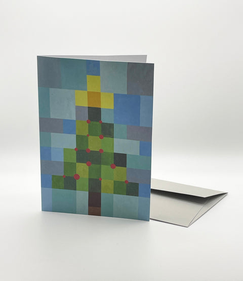 Eco-friendly X-mas tree in squares snow greeting card, 3/4 angled view, printed in Berlin on recycled paper