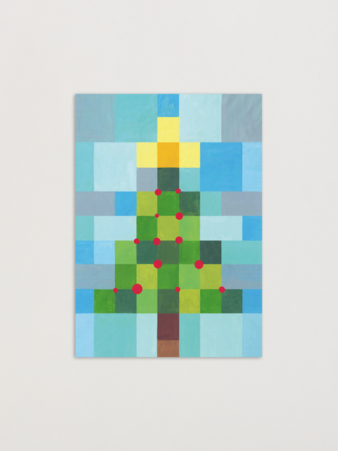 X-mas tree in squares greeting card front view, eco stationery printed climate-neutral on recycled paper