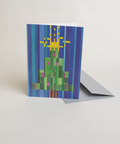 Eco-friendly X-mas tree in stripes snow greeting card, 3/4 angled view, printed in Berlin on recycled paper