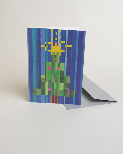 Eco-friendly X-mas tree in stripes snow greeting card, 3/4 angled view, printed in Berlin on recycled paper