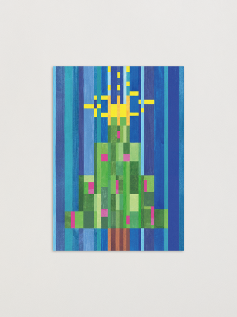 X-mas tree in stripes greeting card front view, eco stationery printed climate-neutral on recycled paper