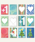 A collection of 12 folding greeting cards with various designs, including geometric patterns, hearts, and Christmas-themed illustrations, predominantly in colorful and abstract styles.