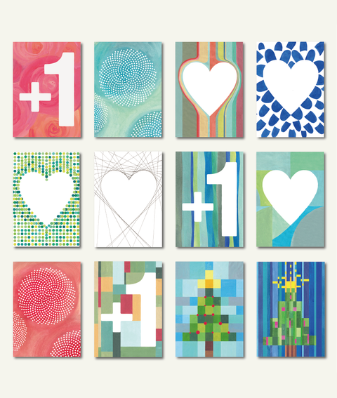 A collection of 12 folding greeting cards with various designs, including geometric patterns, hearts, and Christmas-themed illustrations, predominantly in colorful and abstract styles.