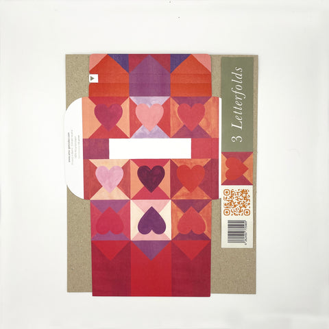 Hearts letterfold eco writing paper fully opened, decorated envelope design