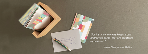 Wooden box filled with greeting cards and grey envelope – eco stationery for every occasion, printed in Berlin.